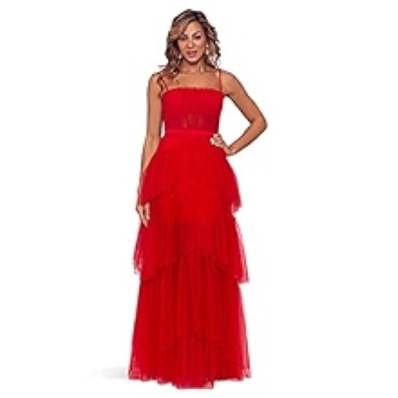 Betsy & Adam Red Ruffled Tiered Gown for Prom - Picture 6 of 8